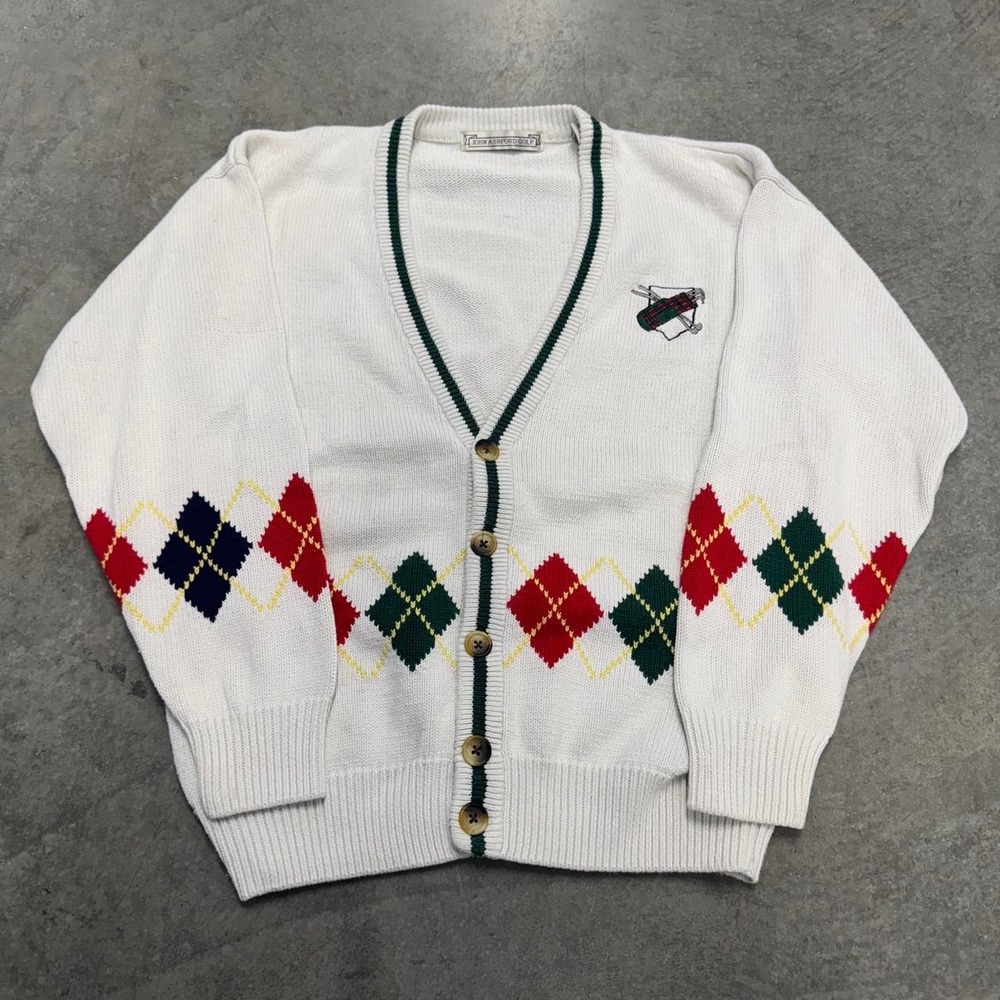 Vintage Golf Argyle Sweater Cardigan 90s White Diamond Patterned Flaws Medium